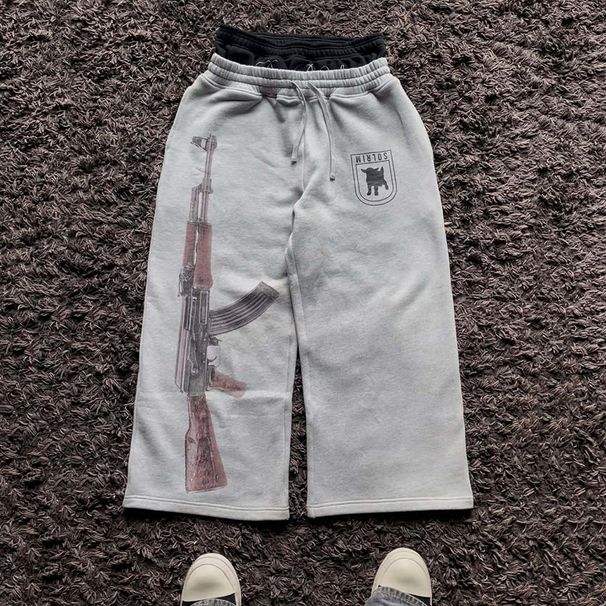 Men's Clothing Spring/summer Y2K High Street Double Waistband Printed Embroidered Street Style Sweatpants Casual Straight Leg Trousers_viptrois.com