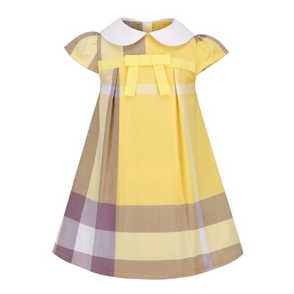 Mother & Kids Summer New Lapel Doll Style Bow Short Sleeved Dress Girl Plaid Skirt_viptrois.com