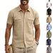 Men's Linen Blend Short Sleeve Shirt, Casual Multi-Pocket Camp Collar Shirt For Summer Outdoor Travel_viptrois.com