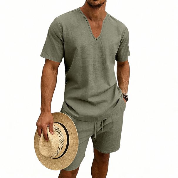 Men's Casual Loose Linen Shorts Set V Neck Short Sleeved Summer Vacation Wear 7 Solid Colors Available_viptrois.com
