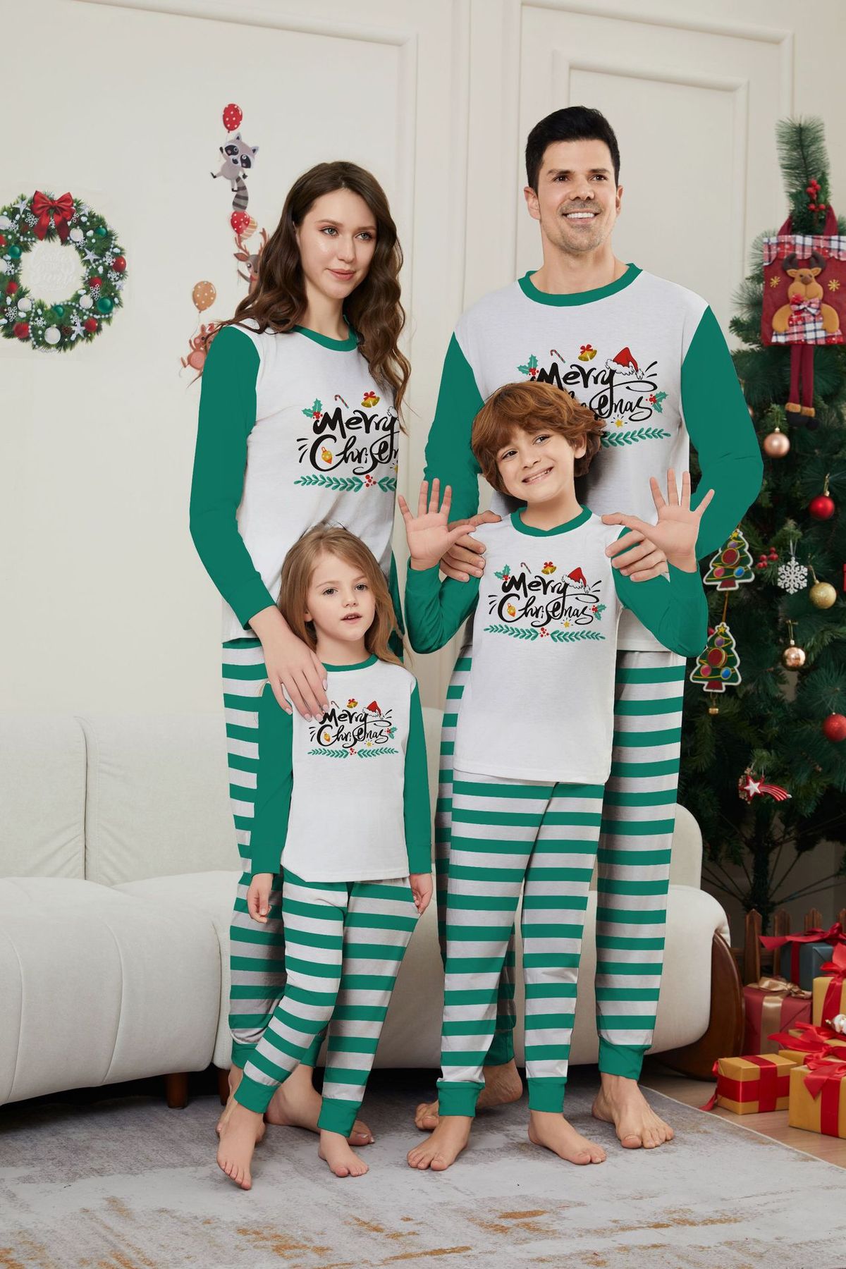 Christmas Santa hat bell letter Christmas family suit printed home dress pajamas_viptrois.com