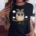 maycar Owl European Size T-Shirt Black Casual T Pattern Cotton Women's Short Sleeve Shirt Kawaii Cartoon_viptrois.com