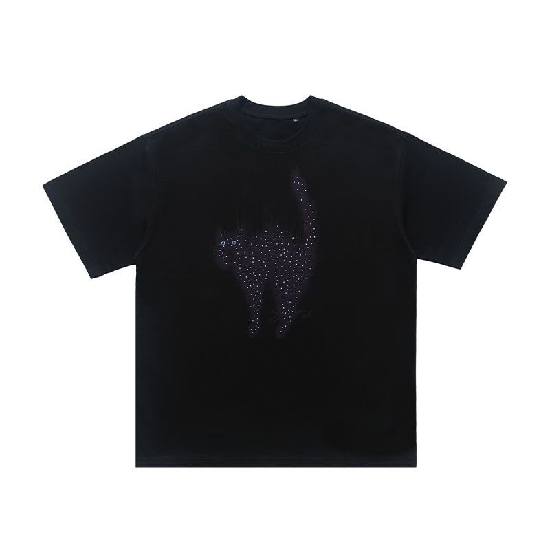High-density Trendy American-style Rhinestone Fluffy Cat Short-sleeve T-shirt, New Spring/summer Round-neck Top_viptrois.com