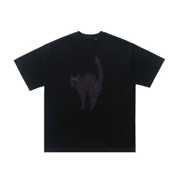 High-density Trendy American-style Rhinestone Fluffy Cat Short-sleeve T-shirt, New Spring/summer Round-neck Top_viptrois.com