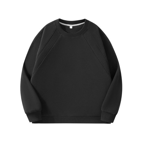 300GSM Fleece Crewneck Sweatshirt - Retro Split-Panel Design With Brushed Lining (Black/Coffee/Olive/Charcoal/Smoke Grey)_viptrois.com