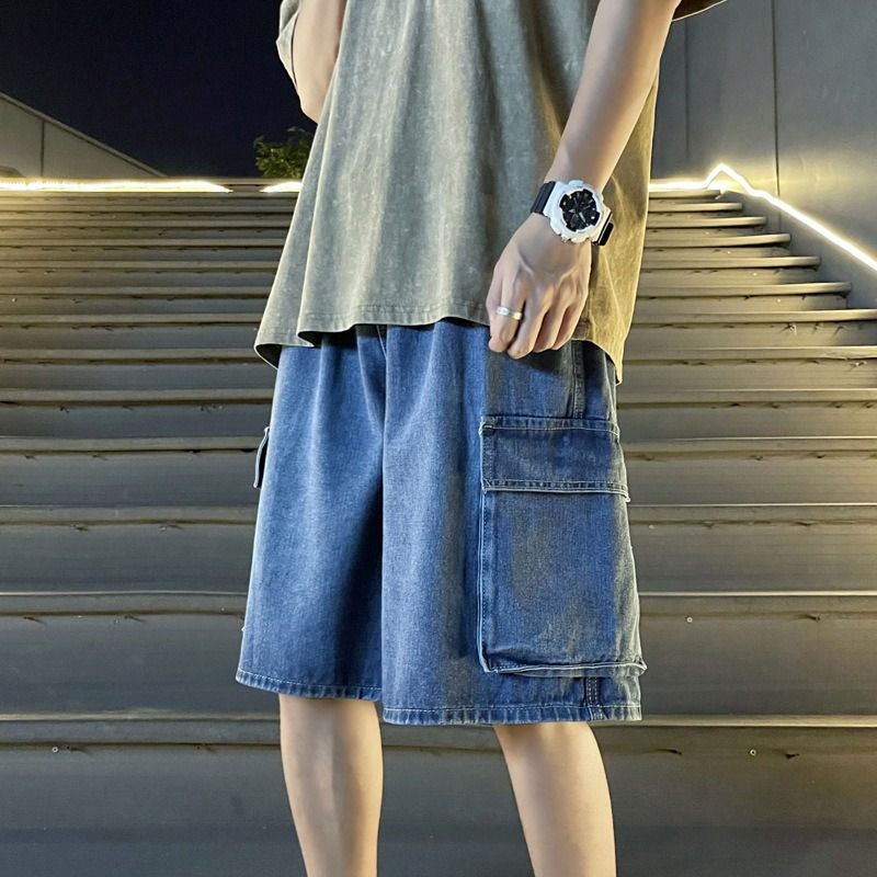 Men's Clothing Workwear Denim Shorts Summer Ins Trendy Loose Straight Shorts Versatile Casual Wide Leg Mid Length Pants_viptrois.com