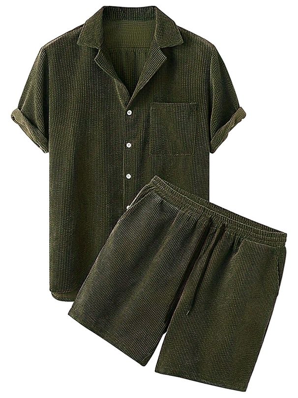 Men's Clothing 2025 Summer New Solid Color Corduroy Casual Suit Shirt And Shorts Set_viptrois.com
