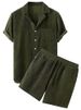 Men's Clothing 2025 Summer New Solid Color Corduroy Casual Suit Shirt And Shorts Set_viptrois.com