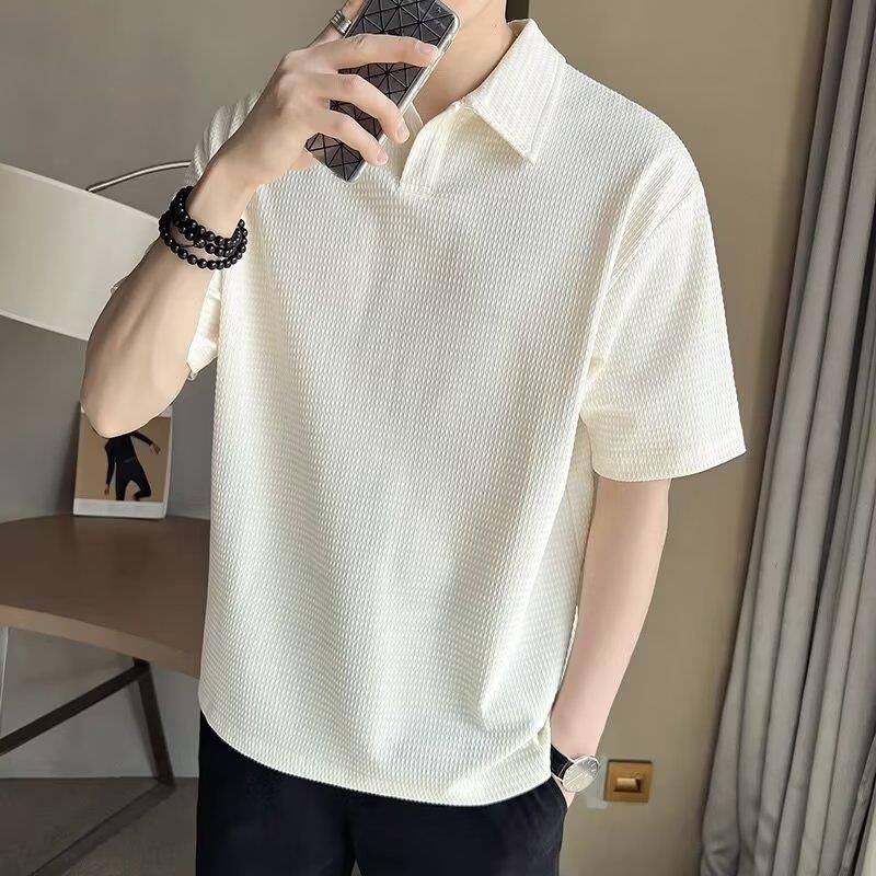 Men's Clothing Short Sleeved T Shirt Men's Polo Shirt High End Summer Trend Retro Loose Style With Collar And Short Sleeves_viptrois.com