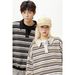 Nordmann Japanese Retro Color-Block Striped Turn-Down Collar Sweater For Men, Autumn Couple Loose Two-Piece Long Sleeve Polo_viptrois.com