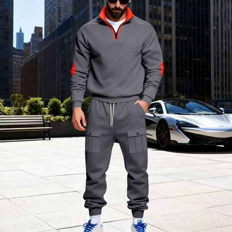 Men's Heavyweight Fleece Lined Sweatshirt And Sweatpants Set Casual Workwear Loose Stand Collar_viptrois.com