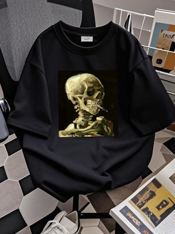 Skull Of A Skeleton With Burning Cigarette, Vincent Van Gogh, Gothic T-Shirt Streetwear Top For Everyday Wear Designer Clothes Slightly Breathable_viptrois.com