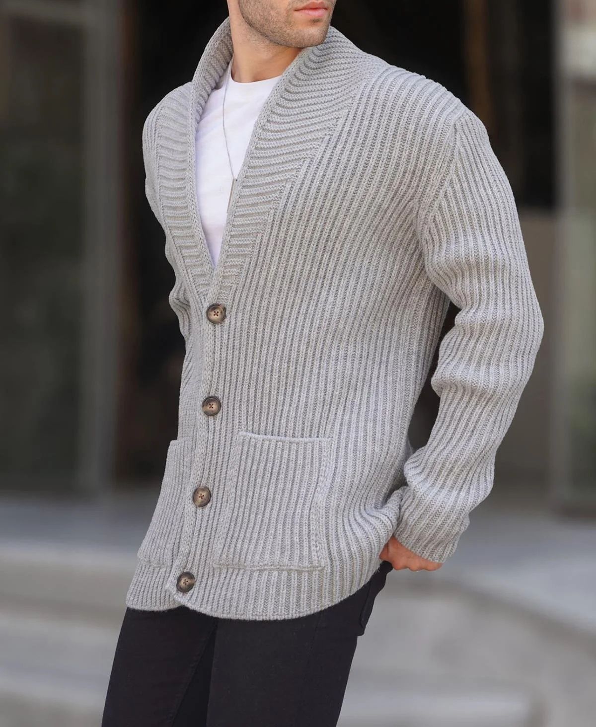 Men's Casual Knit Cardigan – Single-Breath Button Front Coat With Notch Lapel (S-3XL, Charcoal/Black/Olive/Beige)_viptrois.com