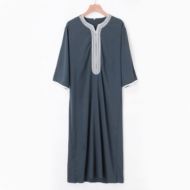 Men's Clothing New Robe Short Sleeve Embroidery Navy Blue Men's Muslim Robe_viptrois.com