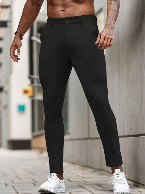 Men's Slim Fit Cropped Dress Pants Business Casual Solid Color Elastic Long Trousers_viptrois.com