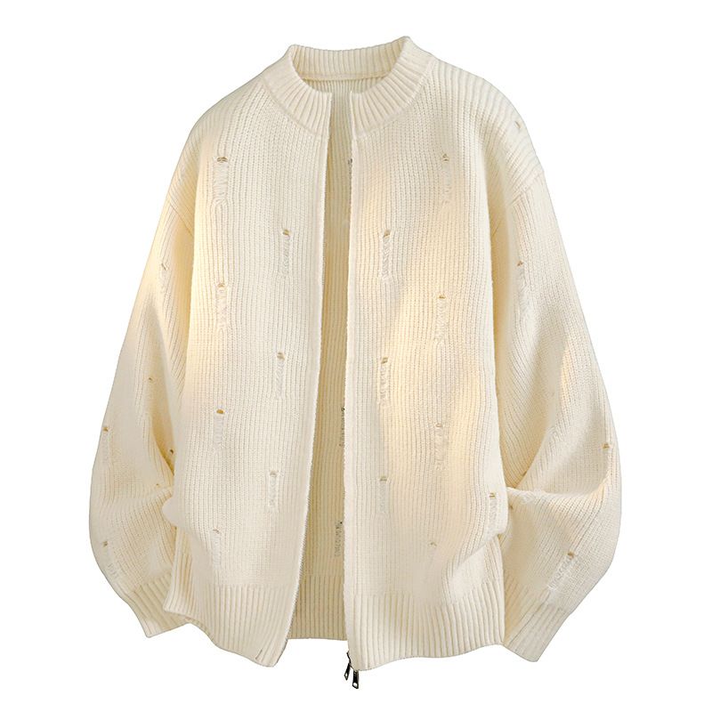 Men's Distressed Zip-Up Sweater – Oversized Knit Cardigan With Raw Edge Details (M-3XL)_viptrois.com
