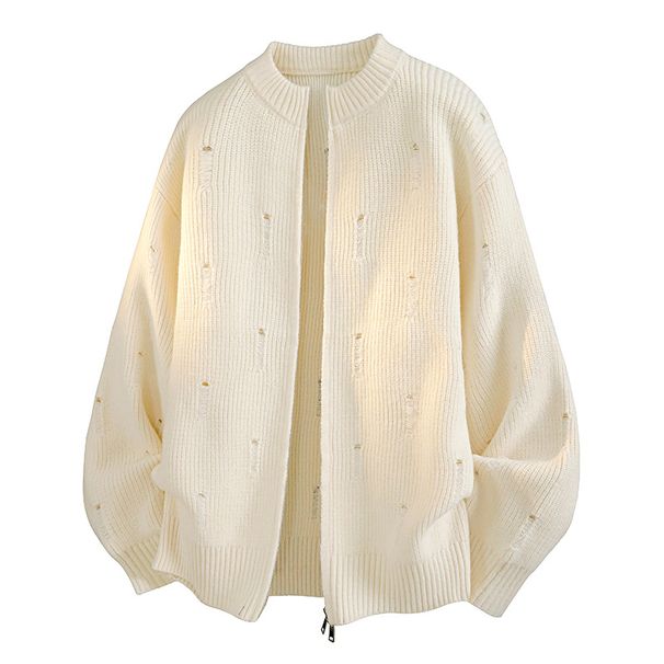 Men's Distressed Zip-Up Sweater – Oversized Knit Cardigan With Raw Edge Details (M-3XL)_viptrois.com