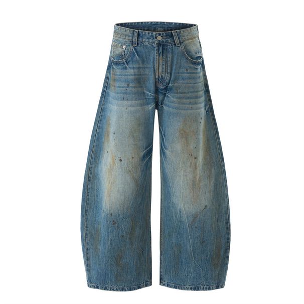 Wasteland Style Ink Splash Vintage Dirty Scimitar Jeans Men's Street Fashion Niche Loose Washed White Wide-Leg Pants_viptrois.com