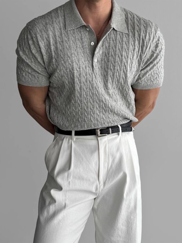 Men's Clothing Polo Collar Short Sleeved Twisted Knit Sweater New Spring And Summer Retro Texture Light Mature Style Black Ribbed Simple Top_viptrois.com