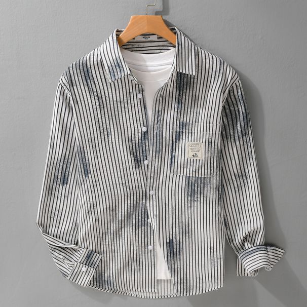 Retro Striped Printed Casual Long Sleeved Shirt For Men, Fashionable And Versatile Artistic Loose Top_viptrois.com