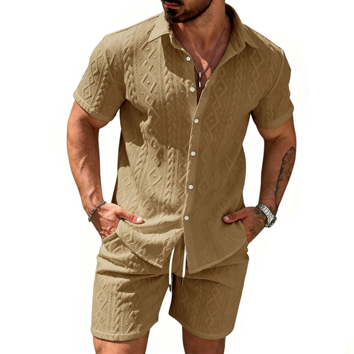 Men's Summer Sportswear Suit Casual Jacquard Fabric Collared Polo Shirt Short Sleeves And Shorts European And American Style Cross Border_viptrois.com
