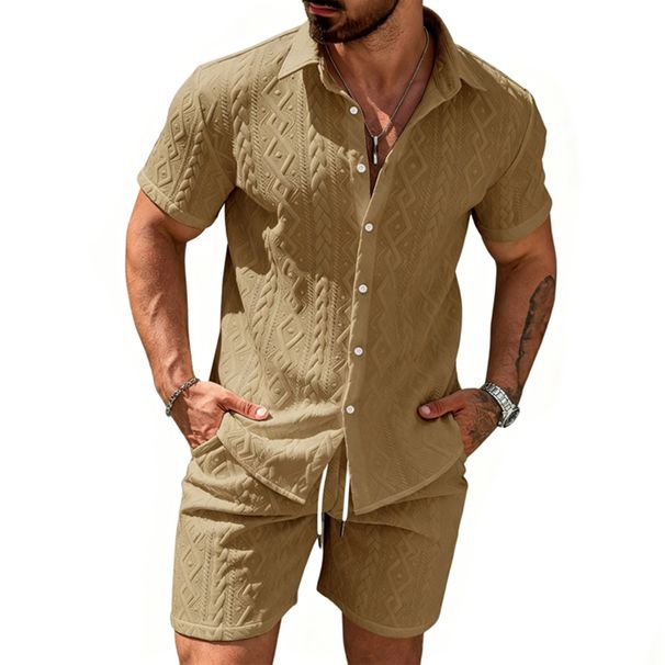 Men's Summer Sportswear Suit Casual Jacquard Fabric Collared Polo Shirt Short Sleeves And Shorts European And American Style Cross Border_viptrois.com