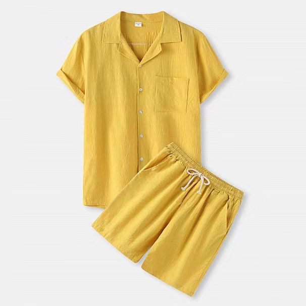 Men's Clothing Spring And Summer Cotton And Linen Solid Color Fashion Lapel Short Sleeved Shirt Shorts Suit Two Piece Set In Stock_viptrois.com
