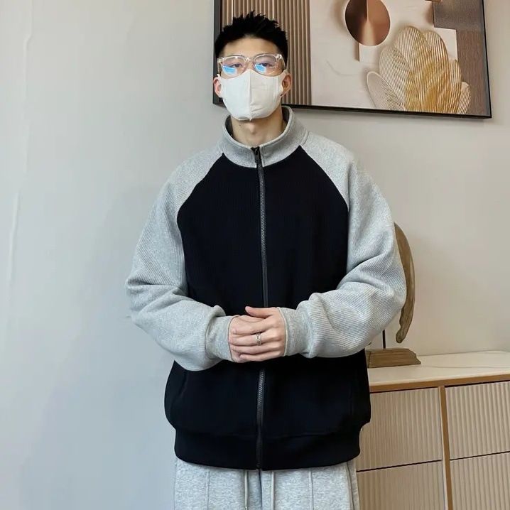 Pure Spring And Autumn New Sweatshirt High-end Color-blocking Design Simple Casual Turn-down Collar Loose Fit Plus Size Men_viptrois.com