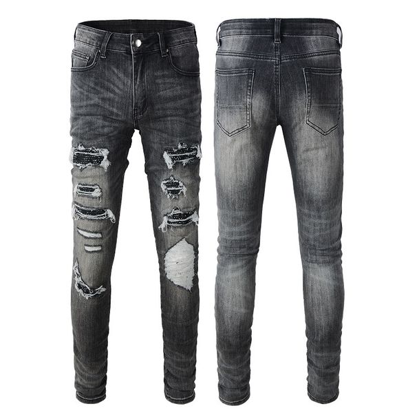 Men's Clothing Supply Of Trendy Men's Clothing, Hot Diamond Ripped Jeans, Men's Slim Fitting Skinny Dark Gray Men's High Street Stretch Pants_viptrois.com