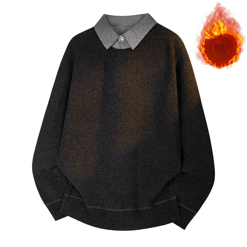 Men's Shirt Collar Trendy Brand Round Neck Integrated Fleece Thickened Knitted Sweater_viptrois.com