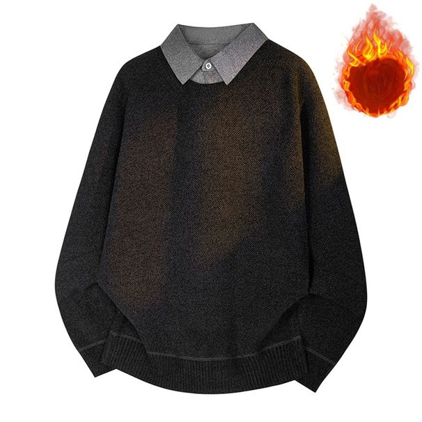 Men's Shirt Collar Trendy Brand Round Neck Integrated Fleece Thickened Knitted Sweater_viptrois.com