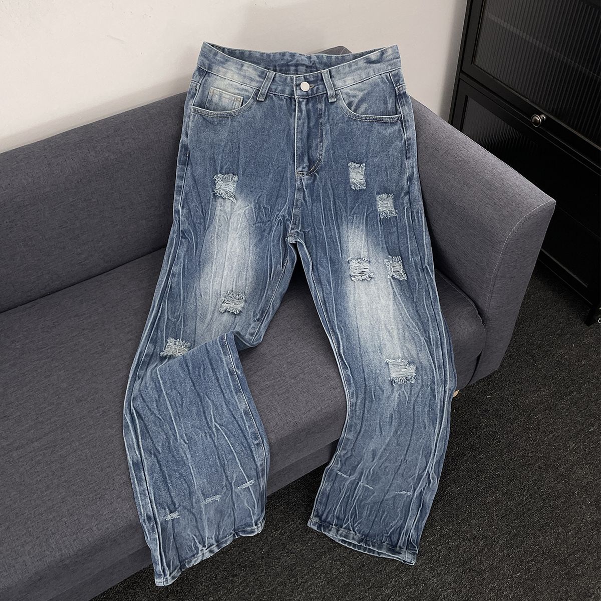 Summer Thin Ripped Jeans Men's Straight Retro Casual Fashion Brand American High Street Trend Washed Cool Pants_viptrois.com