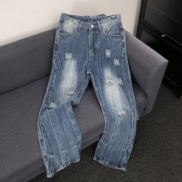 Summer Thin Ripped Jeans Men's Straight Retro Casual Fashion Brand American High Street Trend Washed Cool Pants_viptrois.com