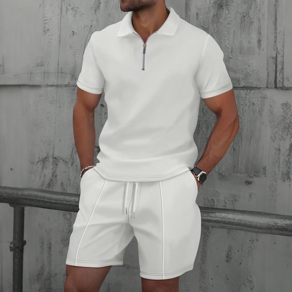 Men's Clothing New Waffle Zipper Solid Color Lapel Short Sleeved T Shirt Shorts Casual Suit_viptrois.com