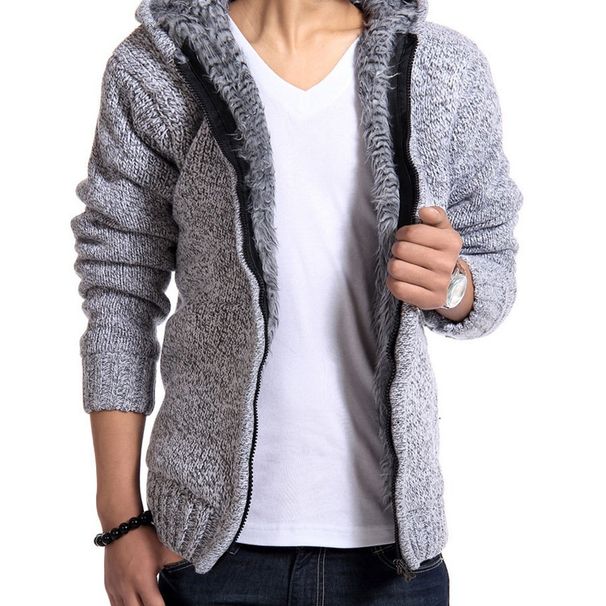 Pulse Pulse Zipper Fleece Lined Thick Knit Sweater Coat Hooded Export Men's Clothing Plus Size European And American Youth Cardigan_viptrois.com