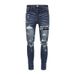 Men's Clothing Street Fashion Jeans Blue Vintage Skinny Ripped Leather Patch Jeans_viptrois.com