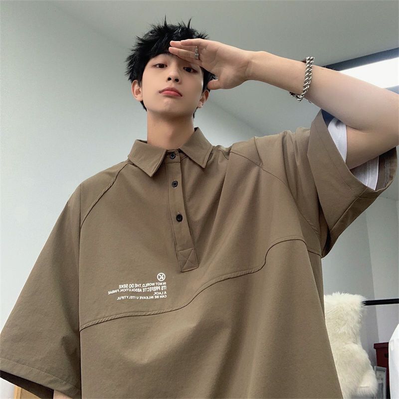 2025d Plain White Polo Five-Sleeve Men's Summer Loose T-Shirt High Street Turn-Down Collar Trendy Brand Fashion Shirt_viptrois.com