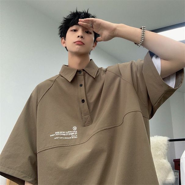 2025d Plain White Polo Five-Sleeve Men's Summer Loose T-Shirt High Street Turn-Down Collar Trendy Brand Fashion Shirt_viptrois.com