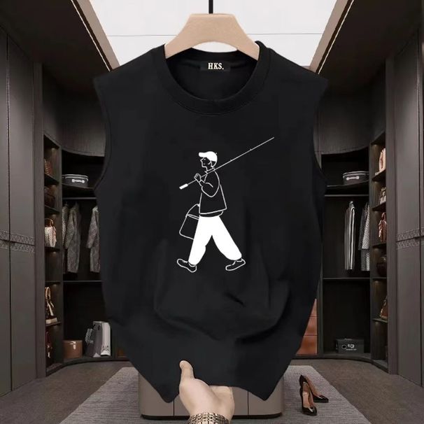 2025 Summer New Sleeveless Cotton Vest Creative Fishing Printing T-shirt Loose Breathable Sports Crew Neck Top_viptrois.com