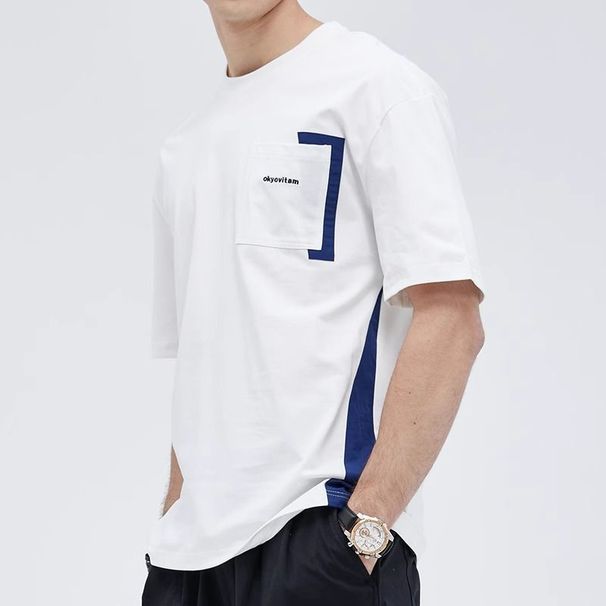 Summer Slim Casual Round Neck Short Sleeved T-shirt Men's Panelled Patchwork Pocket Embroidery Trendy Casual Versatile Loose Top_viptrois.com