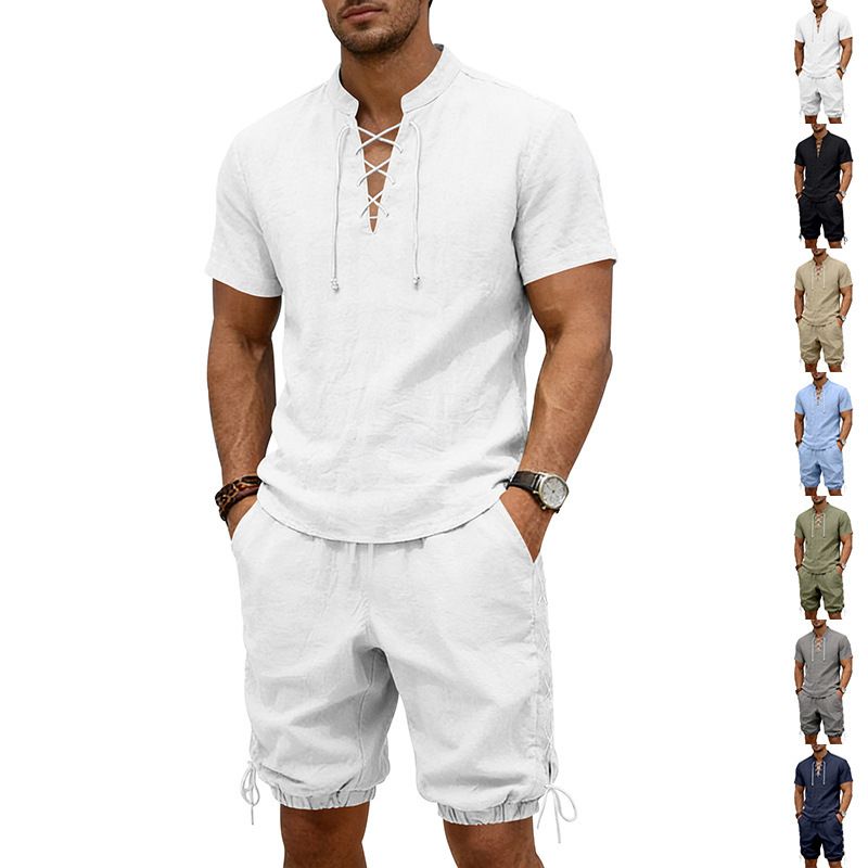 Men's Summer Linen Shorts Set Trendy Casual Loose Fitting Drawstring Stand Collar Short Sleeved Breathable European American Style_viptrois.com