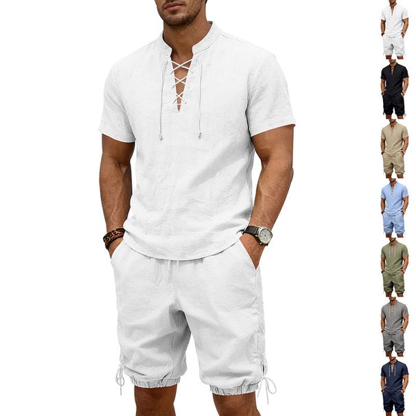 Men's Summer Linen Shorts Set Trendy Casual Loose Fitting Drawstring Stand Collar Short Sleeved Breathable European American Style_viptrois.com