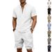 Men's Summer Linen Shorts Set Trendy Casual Loose Fitting Drawstring Stand Collar Short Sleeved Breathable European American Style_viptrois.com