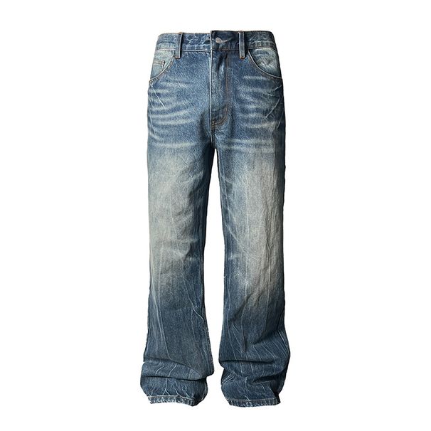 Men's Clothing Retro Dark Blue Lightning Cracked Jeans For Men And Women Loose Wide Leg Pants Washed Straight Flared Pants_viptrois.com