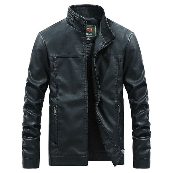 Spring And Autumn Men's Stand-up Collar Solid Color Locomotive Pu Leather Jacket Large Size Leather Jacket Men's Jacket_viptrois.com