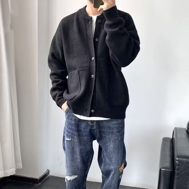 Men's Clothing Cardigan Sweater Fashion Youth Versatile Leisure Pure Color Lazy Style Knitted Jacket_viptrois.com