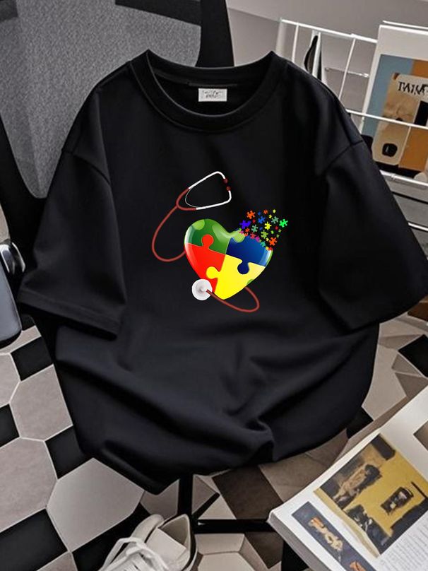 Funny Nurse Autism Puzzle Stethoscope Heart Autism Awareness Gift T-Shirt S-5XL Graphic Stylish Versatile Casual Slightly Unisex Homme Stretched_viptrois.com