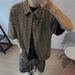Men's Clothing Retro Old Fashioned Versatile Army Green Vintage Knitted Hollow Breathable Loose Holiday Short Sleeved Shirt Men_viptrois.com