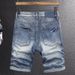 Men's Fashion Light Blue Distressed Denim Shorts Printed Distressed Stretch Slim Fit Denim Shorts Men's Shorts_viptrois.com