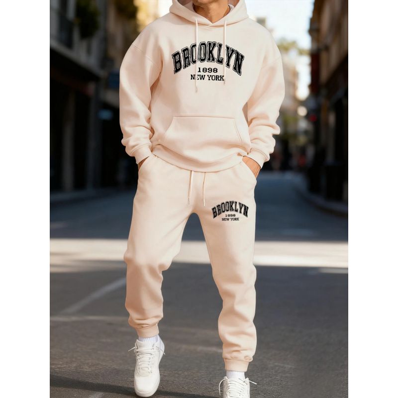 Men's Clothing Sportswear Tracksuit Casual Hoodie & Jogger Pants Set - Stylish Letter Print, Fleece-Lined Comfort, Loose Fit For Gym & Daily Wear_viptrois.com